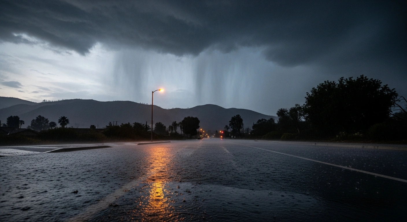 A wide, low-angle view of a partially flooded street in Southern California at twilight, with fire-scarred hillsides blurred by torrential rain from an atmospheric river, highlighting flood and mudslide risks.