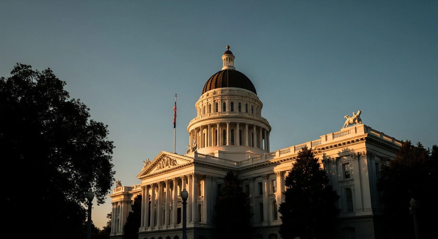 The California State Capitol building stands tall under a clear sky, representing the current administration of Governor Gavin Newsom.