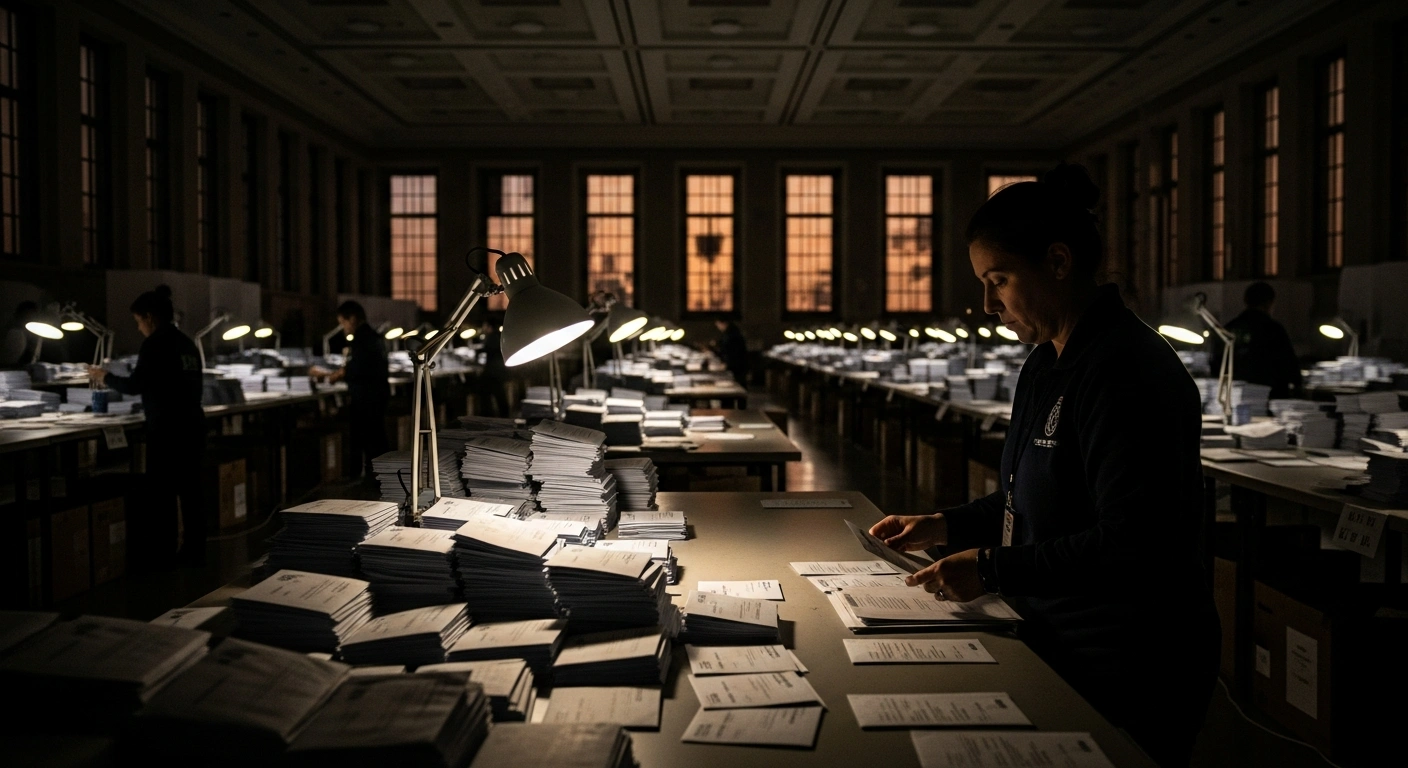 An election worker processes stacks of mail-in ballots at a California county facility during the ongoing vote count after the primary election.