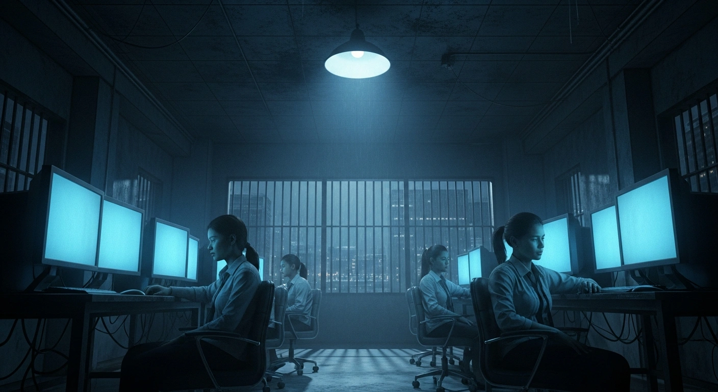 Young people are forced to work on computers inside a dark, guarded scam compound in Cambodia as part of a human trafficking operation.