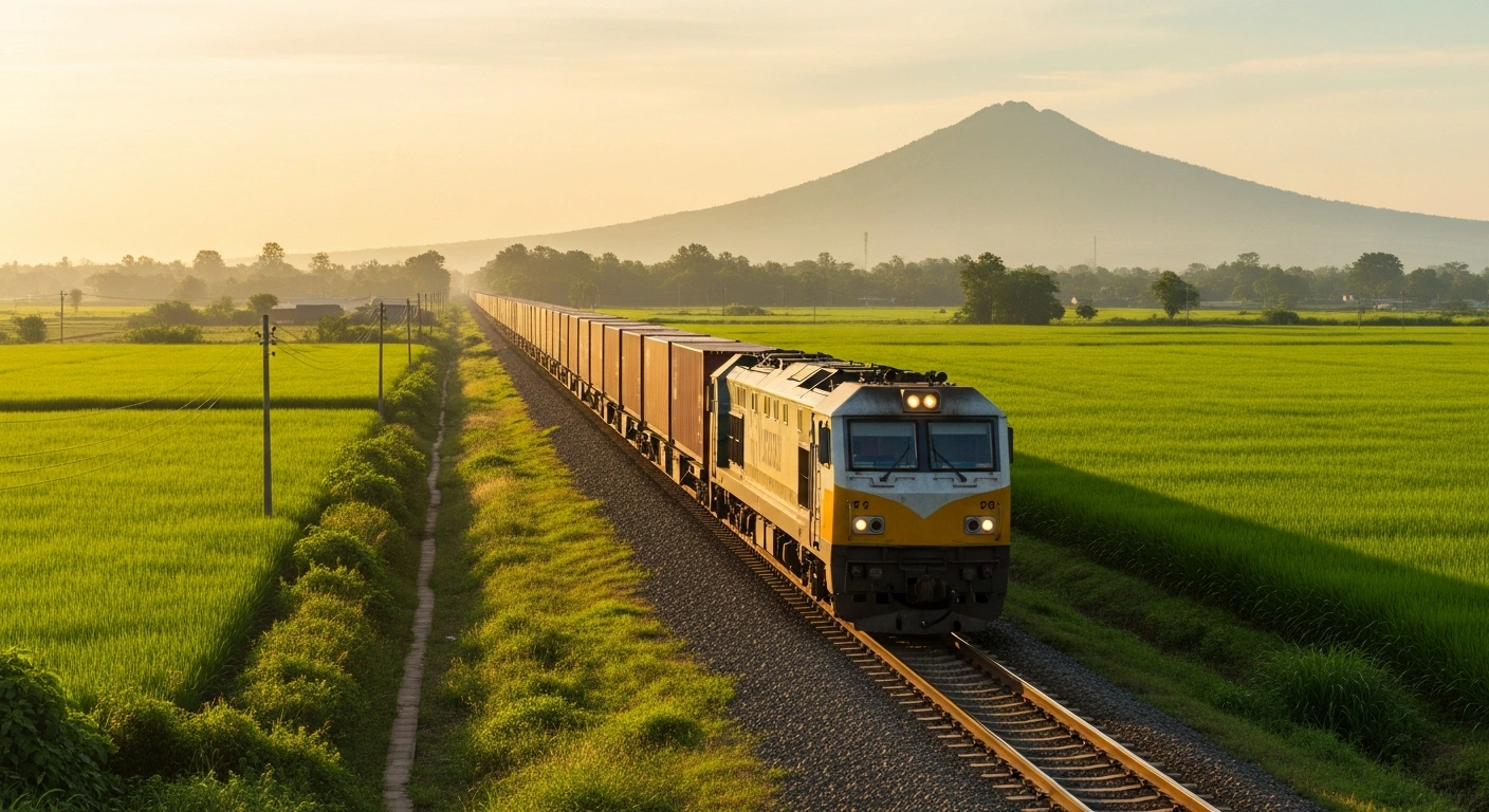 A freight train travels through a lush landscape representing the new trade corridor between Cambodia, Laos, and China to facilitate agricultural exports.