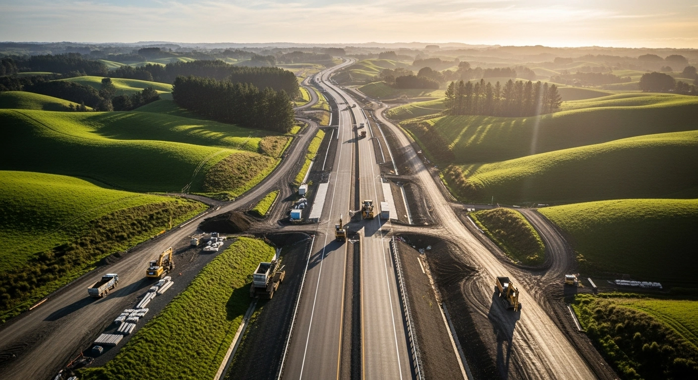 An aerial view of the construction site for the new Cambridge to Piarere expressway in New Zealand's Waikato region.