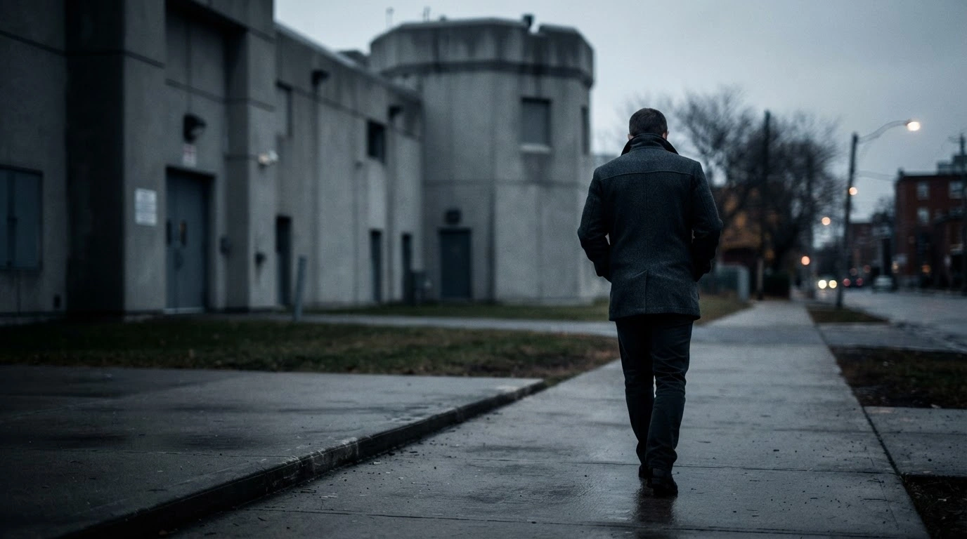 A solitary figure representing former RCMP official Cameron Jay Ortis walks away from a building after being granted day parole.