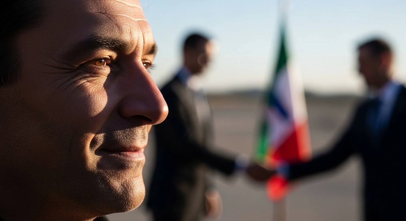 A French-Chilean man, Camilo Castro, with a relieved expression, stands in soft sunlight, with blurred diplomatic figures and a flag in the background, symbolizing his release from detention in Venezuela following international diplomatic efforts.