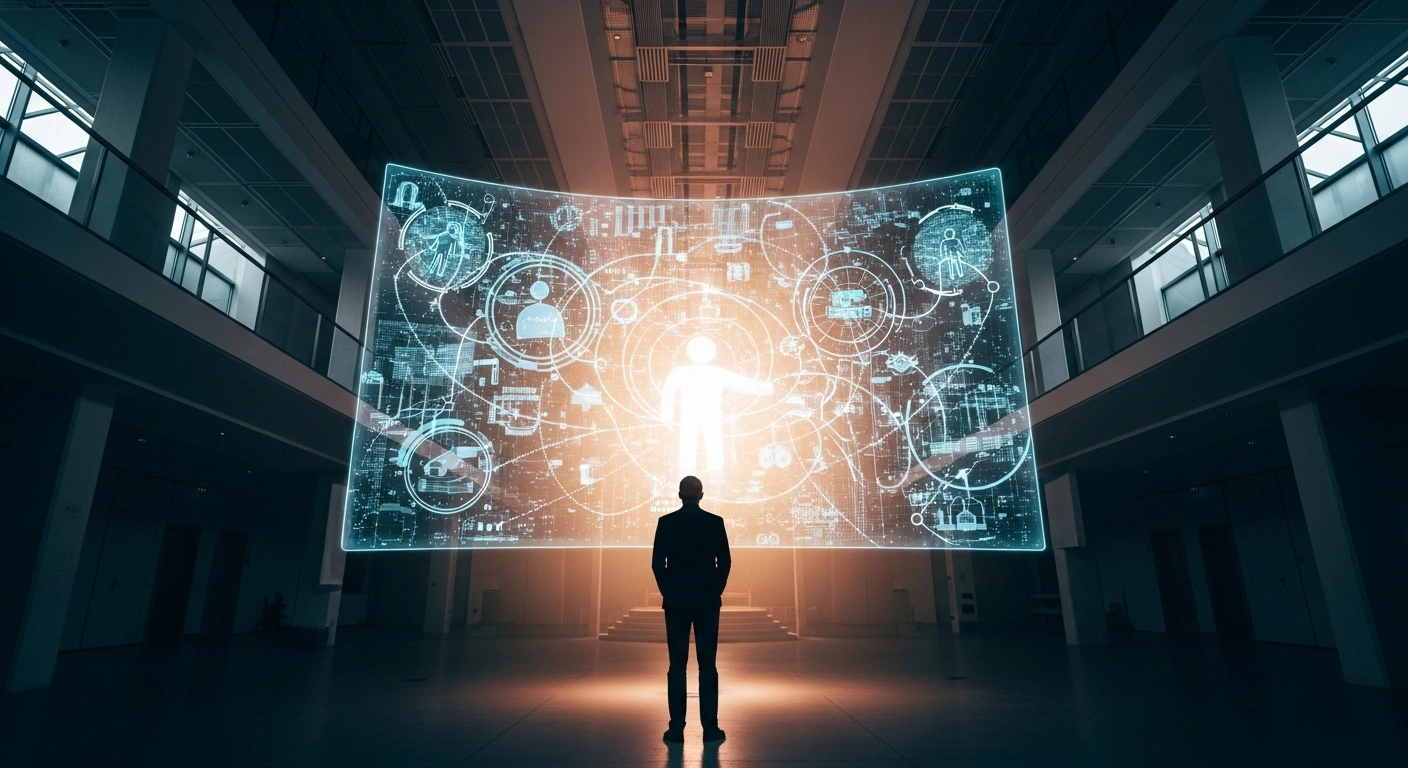 A distinguished, silhouetted figure stands in a modern European research institute, observing a holographic display projecting organic data patterns, symbolizing Garrett Camp's €5 million donation to the Institute of Science and Technology Austria (ISTA) for human-centered artificial intelligence research.