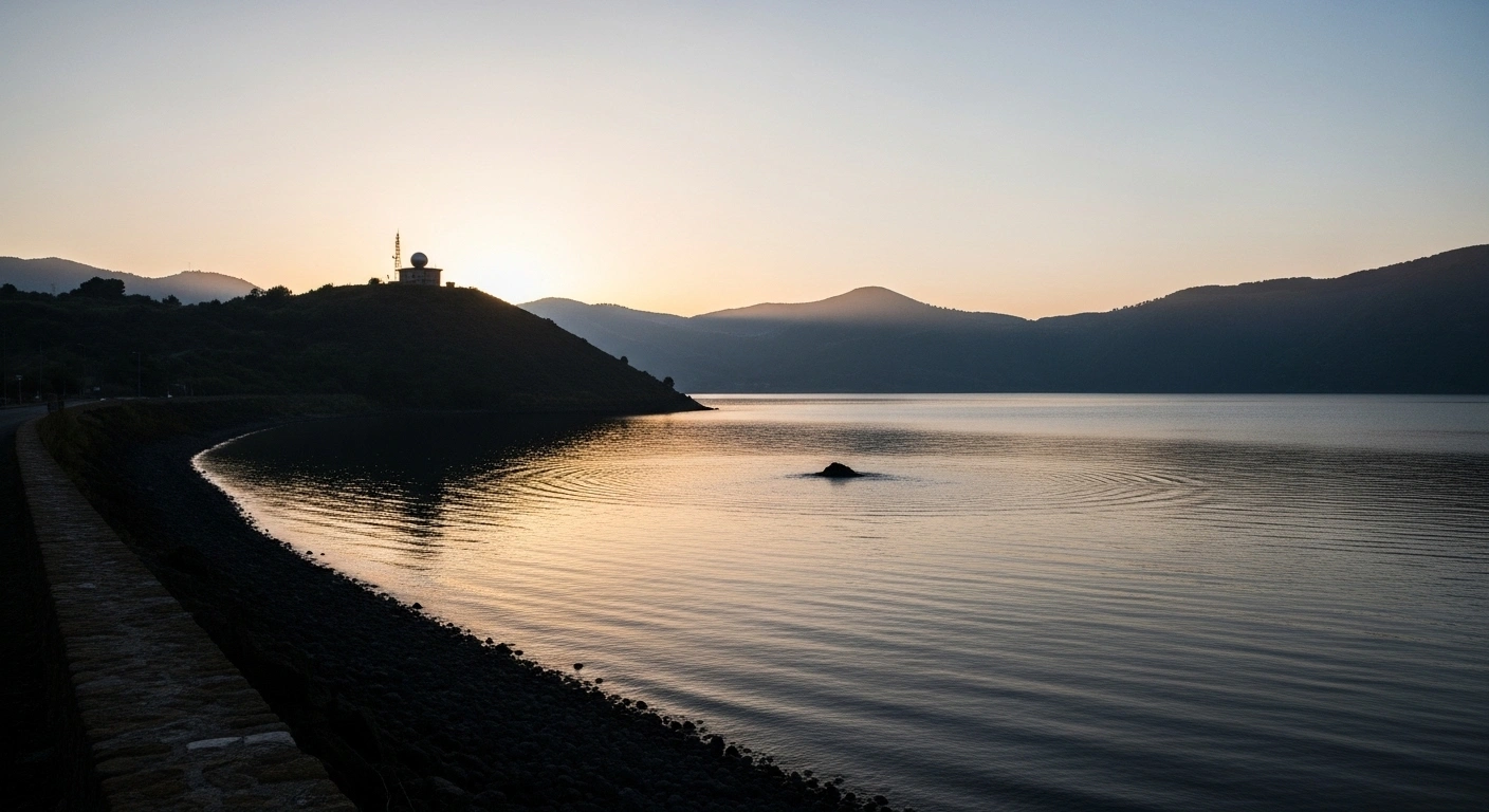 A wide, cinematic shot captures the Campi Flegrei caldera near Pozzuoli, Naples, at dawn, with subtle ripples on its calm waters hinting at a recent magnitude 3.3 earthquake and ongoing seismic swarm, while a distant monitoring station stands silhouetted on a ridge, symbolizing continuous vigilance over the volcanic area.