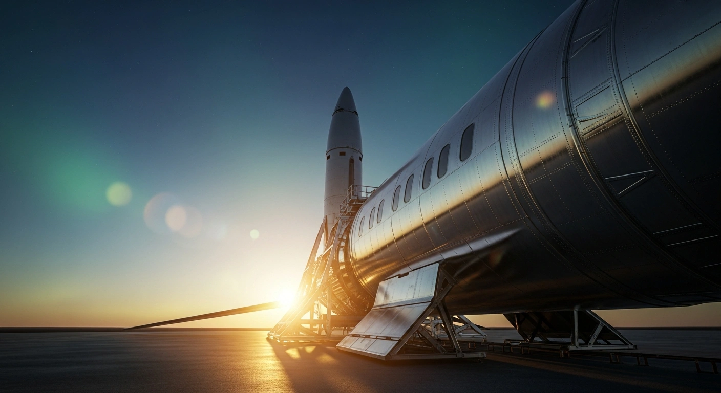 A low-angle wide shot at dawn of a sleek, futuristic Canadian aerospace facility, featuring a next-generation aircraft or partially assembled rocket, symbolizing Canada's 2025 budget investments in aerospace, defense, and sovereign space launch capabilities for national security and economic strength.
