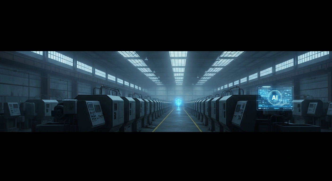 A dimly lit, vast industrial hall filled with silent, older machinery, featuring a small, glowing futuristic AI interface in the distant background, symbolizing Canada's slow adoption of Generative AI and the potential risks to national competitiveness and productivity.