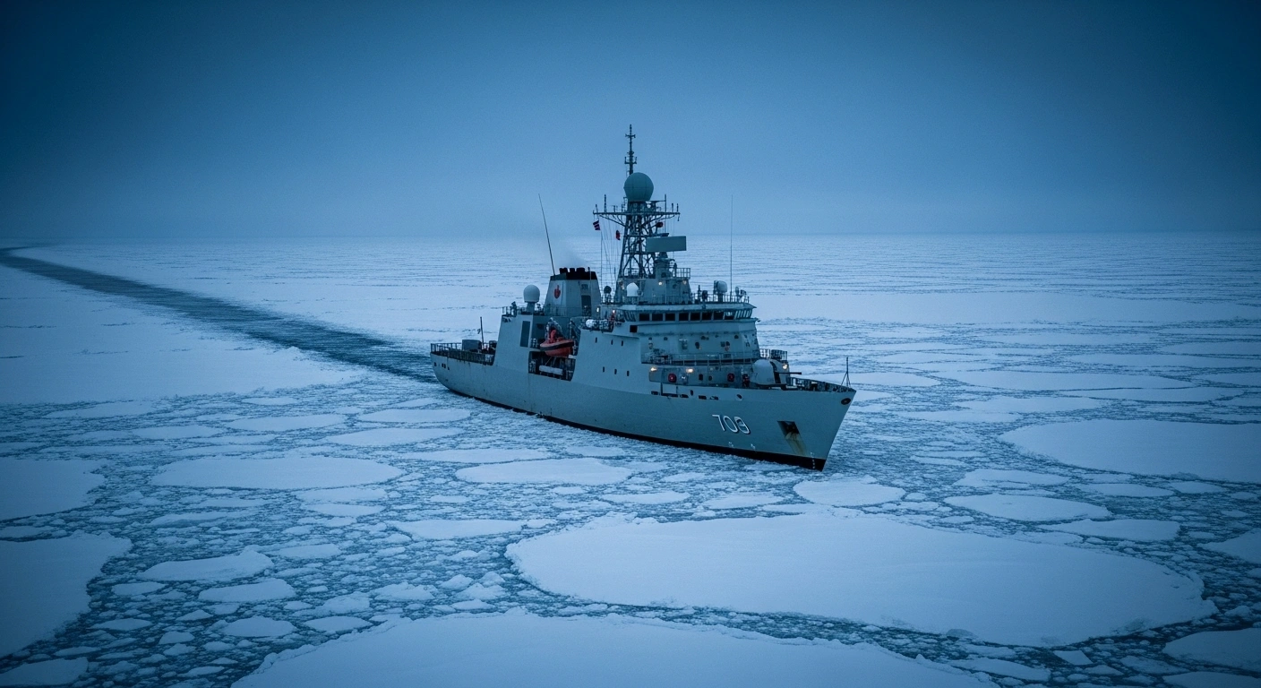 A Canadian Arctic patrol vessel, equipped with a radar dome, navigates through fractured sea ice under a polar dawn, representing Canada's increased military presence and NORAD modernization in the Arctic to assert sovereignty and monitor international interest in shipping routes.