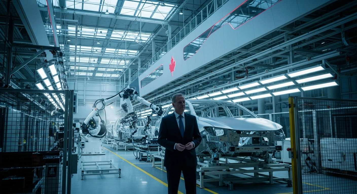 A distinguished figure, representing Canada's Minister of Finance, stands in a modern Canadian automotive assembly plant, observing robotic arms working on a futuristic electric vehicle, symbolizing the nation's strategy to incentivize production and investment in its automotive sector.
