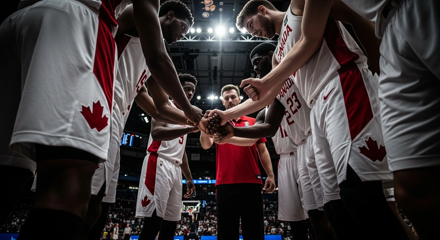 A low-angle, wide shot captures the determined Canada Basketball Senior Men's National Team, a 12-athlete roster, in a tight huddle on a brightly lit basketball court, symbolizing their unity and focus for the upcoming FIBA Men's World Cup 2027 Qualifiers against Puerto Rico and Jamaica, as they aim to continue their undefeated run.