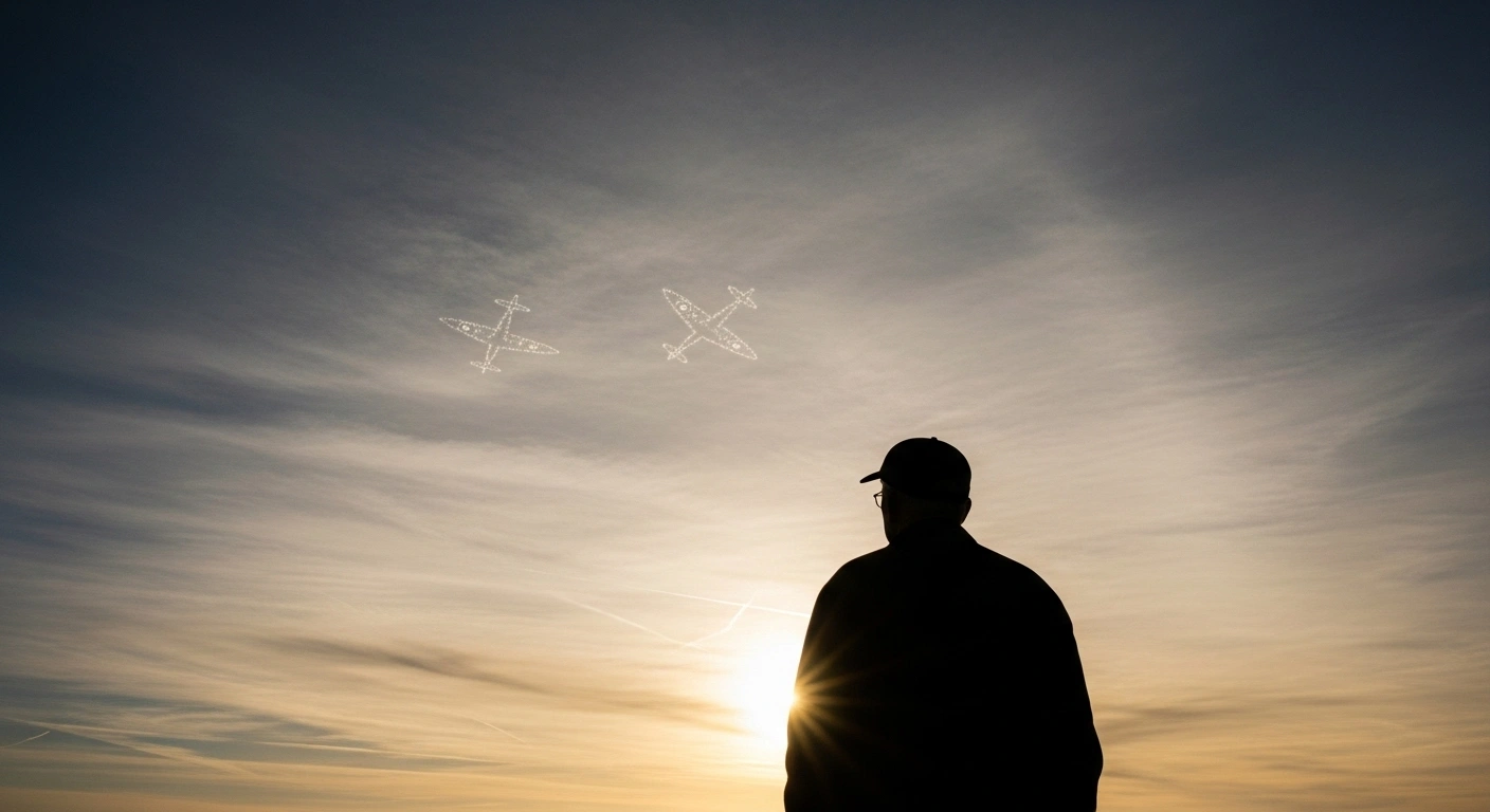 A lone figure stands silhouetted against a dramatic sunset sky, looking up at the ghostly outlines of WWII fighter planes, symbolizing Canada's crucial contribution to the 85th Anniversary of the Battle of Britain, honoring the over 100 Canadian pilots and 300 ground crew involved in the 1940 aerial conflict.