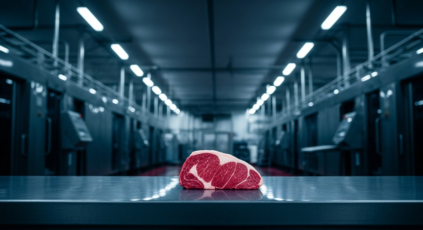 A raw cut of beef rests on a stainless steel table inside a large industrial meat-packing plant, representing the Canadian beef price-fixing lawsuit settlement.