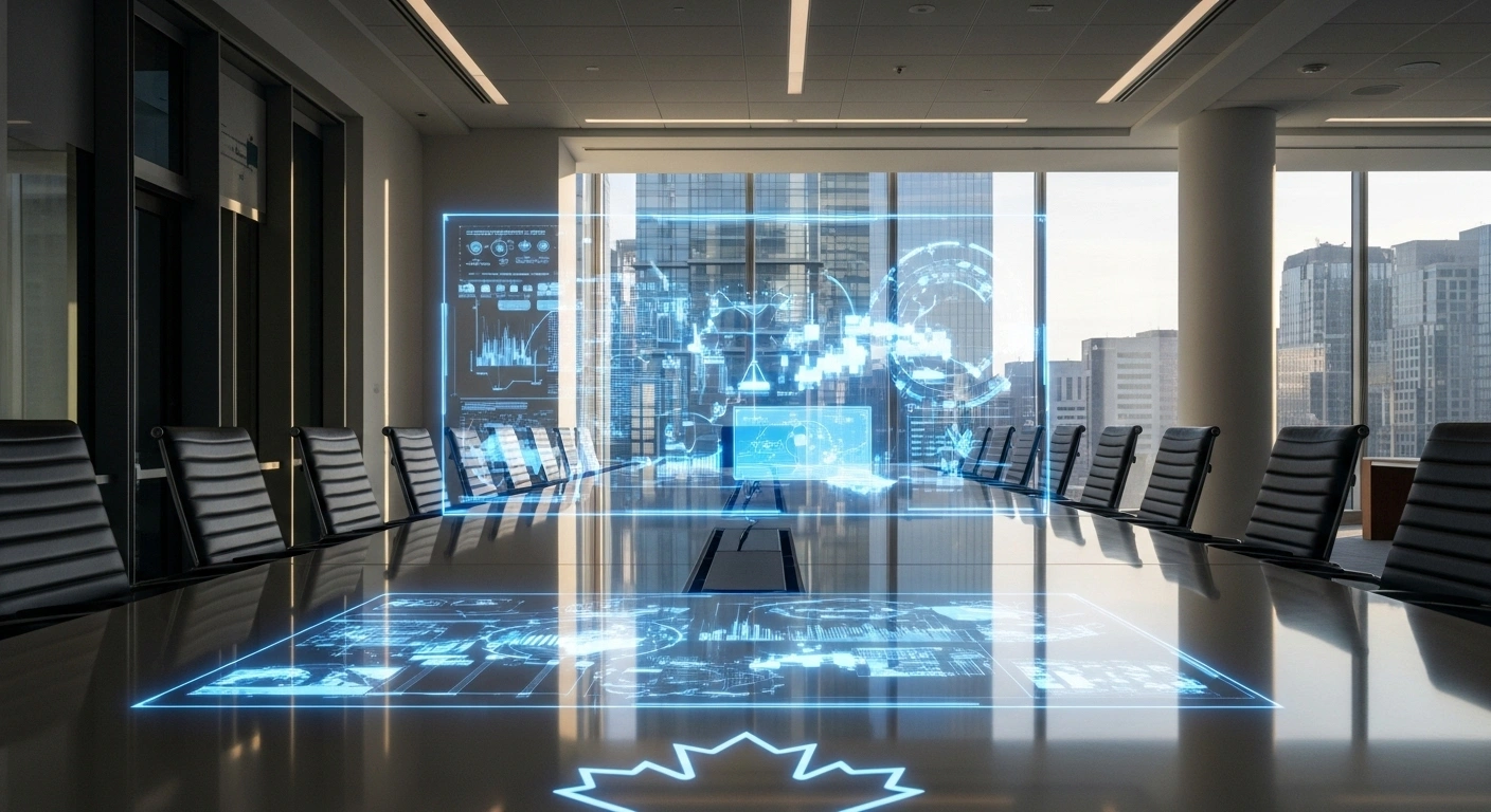 A wide, low-angle shot inside a modern Canadian government building at dawn, featuring a long, polished conference table with a holographic projection of financial models and infrastructure blueprints, symbolizing the new Capital Budgeting Framework and modernized federal budgeting process for long-term capital investments and economic growth.