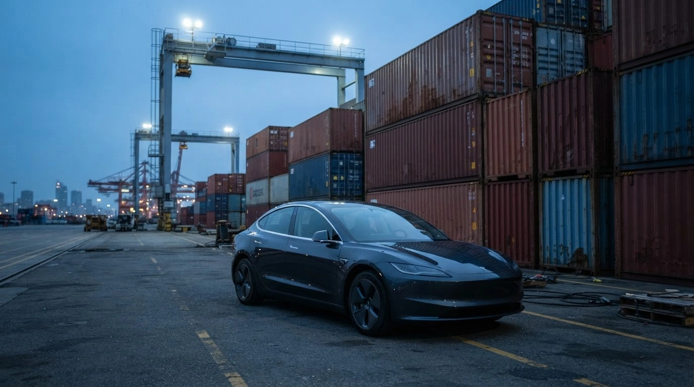A modern electric vehicle sits on a shipping dock surrounded by industrial containers, representing the trade tensions between Canada and China over tariffs.