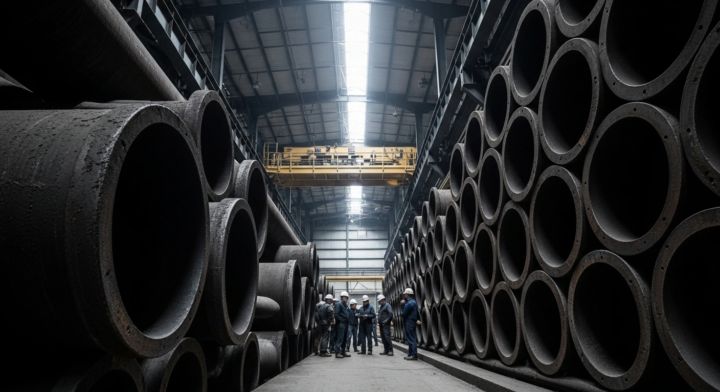 A low-angle photograph in a Canadian industrial factory shows stacks of cast iron soil pipes, representing the domestic industry injured by dumped and subsidized imports from China, leading to anti-dumping and countervailing duties imposed by the Canada Border Services Agency.