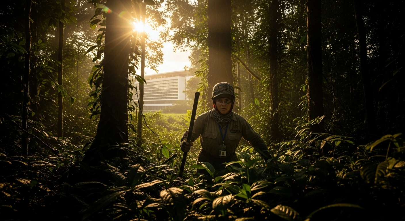 A determined Canadian delegate, representing Minister Julie Dabrusin, stands with a lush Brazilian rainforest and a modern conference building in the background, symbolizing Canada's participation in the COP30 climate conference in Belém, Brazil, to accelerate global climate action.