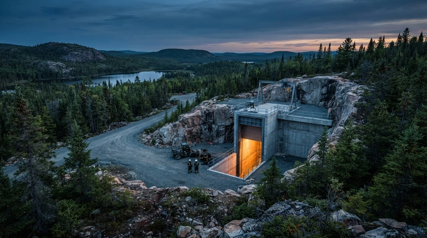 A conceptual view of a deep geological repository site in the Canadian wilderness representing the long-term management of used nuclear fuel.