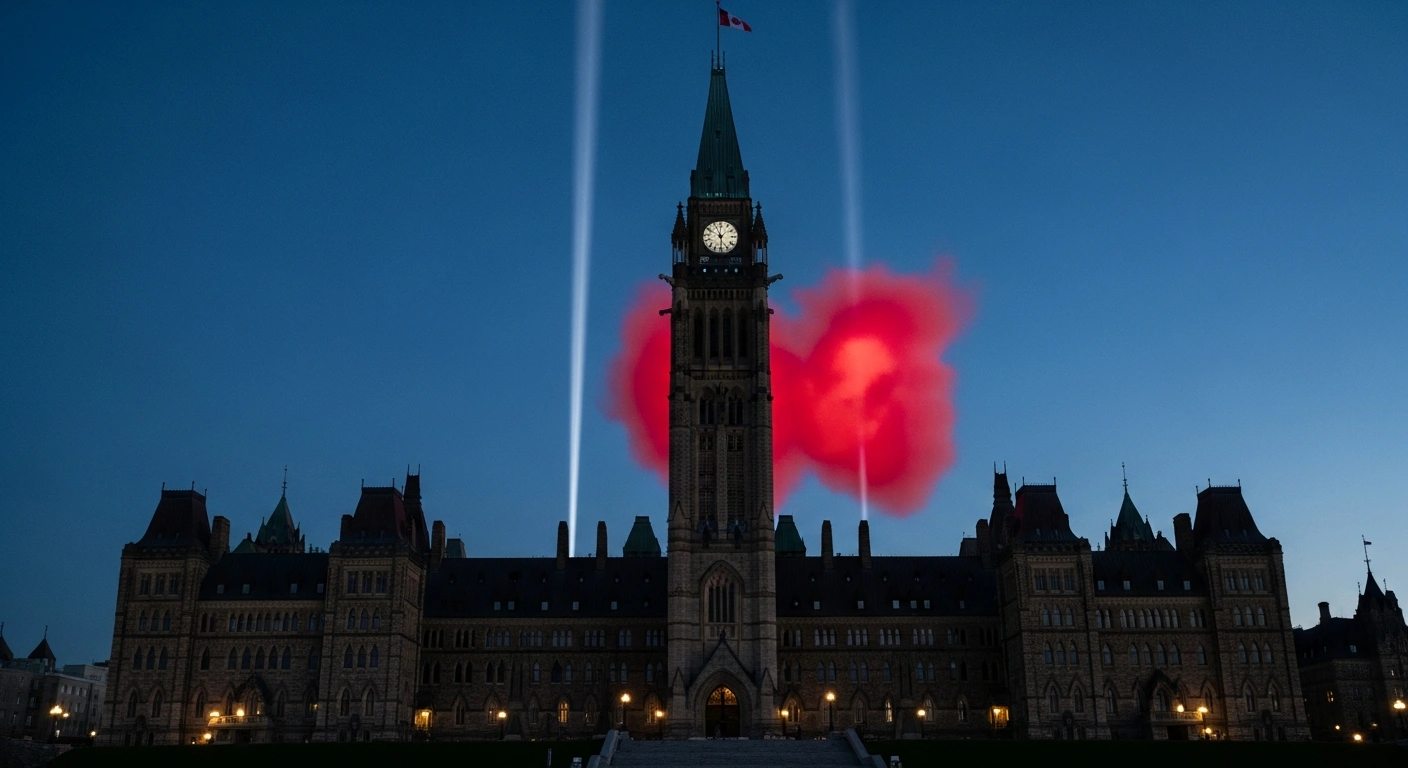 A low-angle view of the Canadian Parliament building at twilight, illuminated by a large, abstract crimson glow on its facade, symbolizing the projected $63 billion increase to the federal deficit by 2035-36, as forecast by Canada's parliamentary budget watchdog due to increased defence spending.
