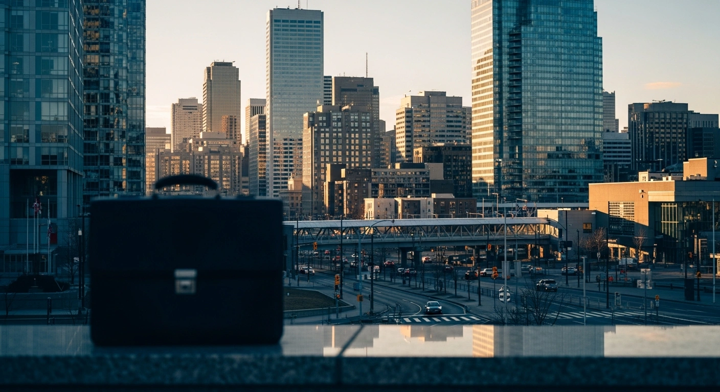 A modern Canadian cityscape at sunset represents the 2026 Spring Economic Update and the Canada Community Security Program.