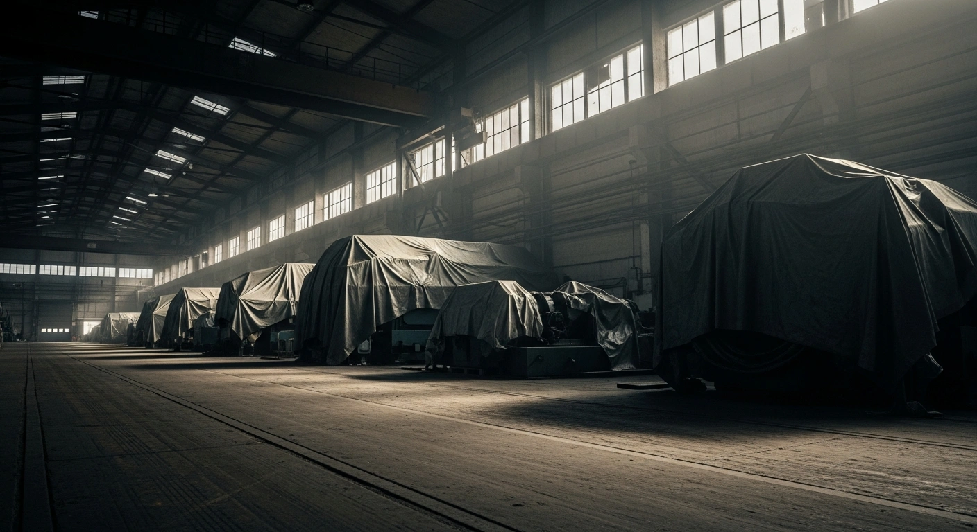 A vast, dimly lit factory floor shows colossal, silent machinery draped in tarpaulins, with dust motes dancing in weak light, symbolizing Canada's significant economic contraction of 0.3% in October 2025, driven by a manufacturing pullback.