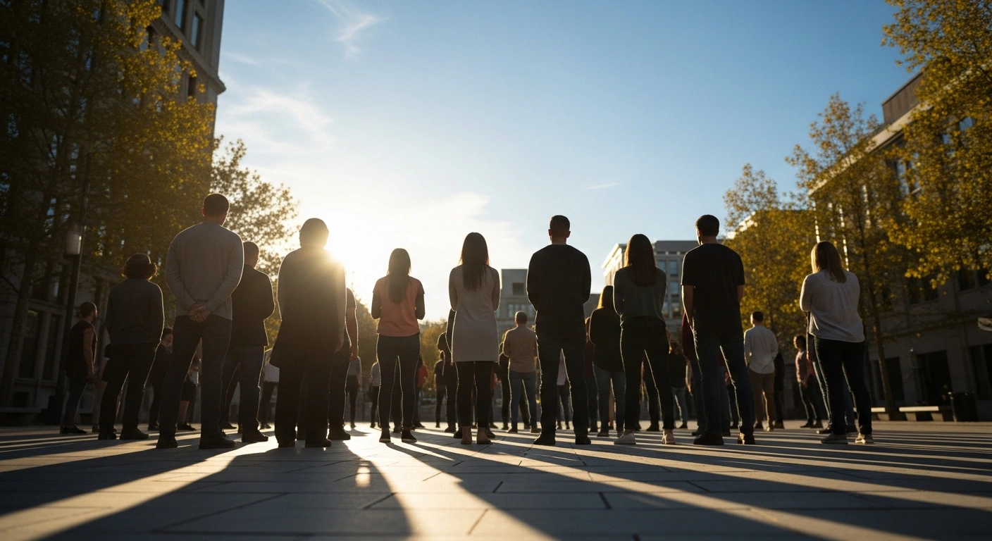 A diverse group of people stands together in a Canadian public square during an Emancipation Day commemoration to reflect on history and promote equality.
