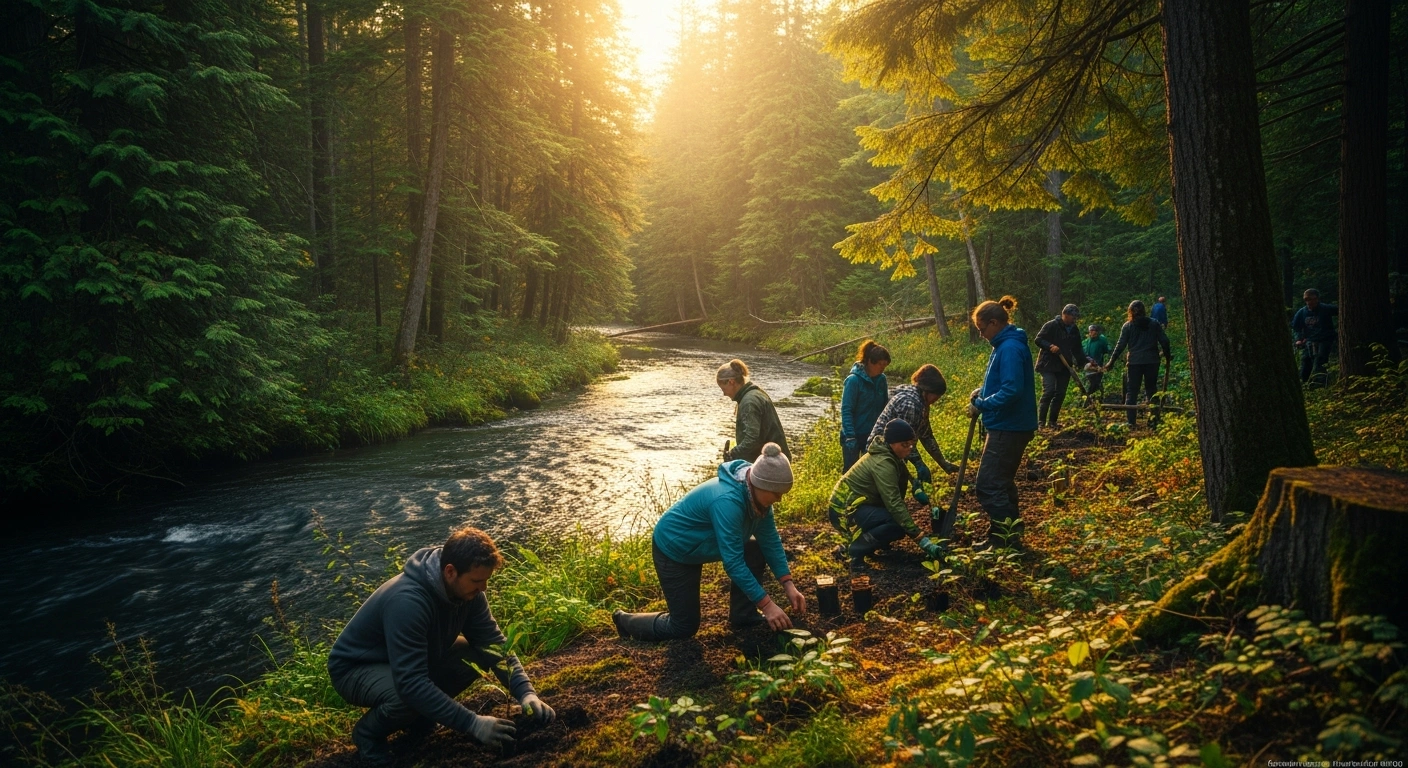 Community volunteers work together to restore a natural wetland habitat as part of a Canadian government-funded environmental project.