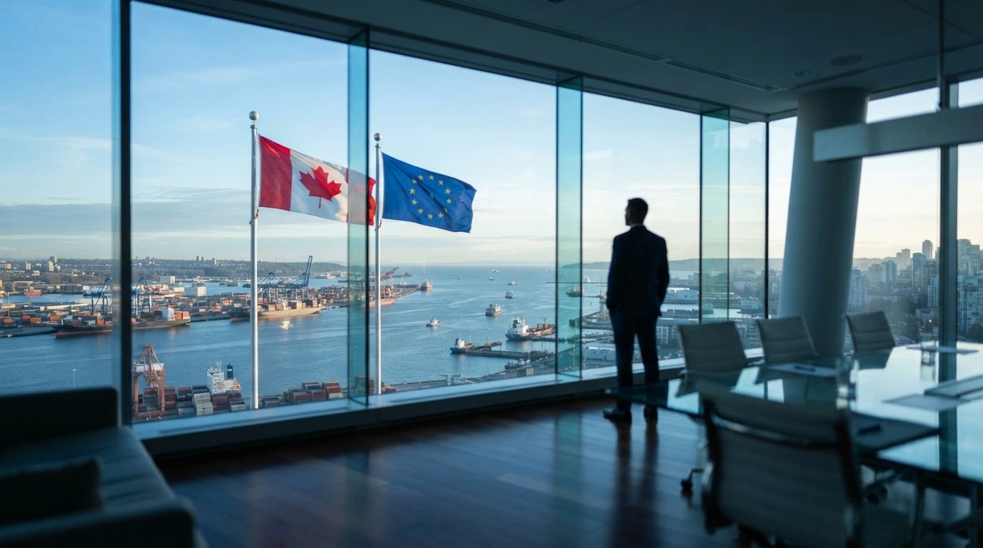 A Canadian flag and a European Union flag wave together in front of a modern office building to represent the strengthened trade alliance between Canada and the EU.