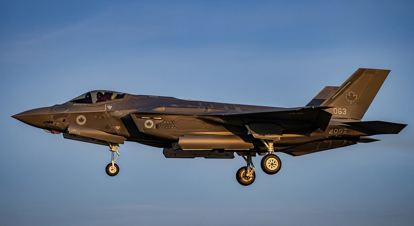 A U.S.-built F-35 fighter jet with a Canadian maple leaf emblem on its tailfin sits on a tarmac at twilight, representing Canada's ongoing procurement of these advanced aircraft.