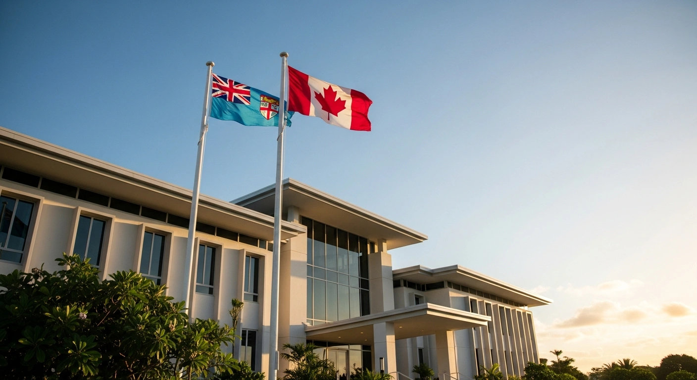 A newly opened Canadian High Commission building in Suva, Fiji, stands under a clear sky with Canadian and Fijian flags flying prominently, symbolizing strengthened diplomatic ties and cooperation in the Pacific region as part of Canada's Indo-Pacific Strategy.