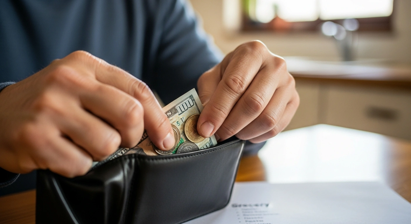 A close-up image shows a hand carefully placing a few coins and a small bill into a worn wallet, symbolizing the financial relief from the Canada Grocery Rebate and the $2,000 Federal Benefit for low- and moderate-income Canadians facing rising costs for food, housing, and energy.
