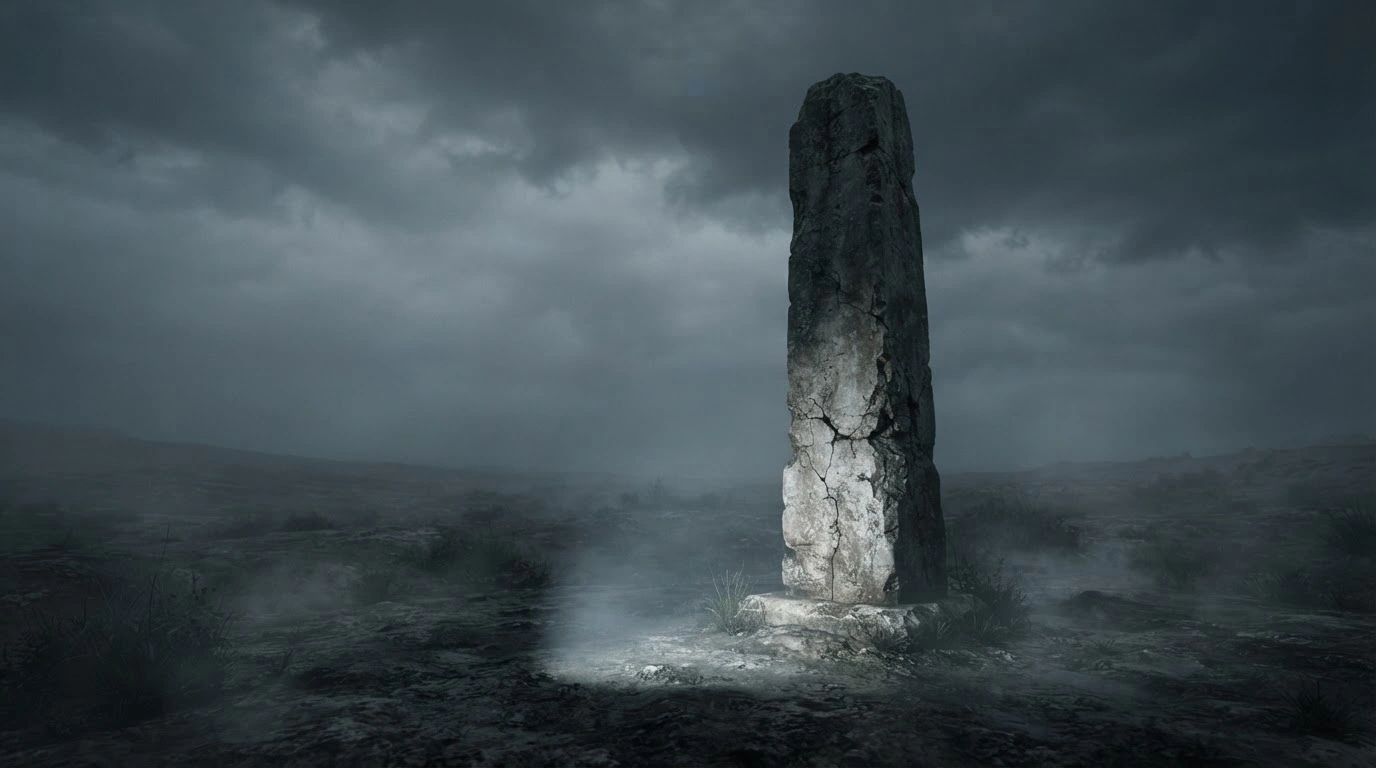 A symbolic representation of Canada's fiscal challenges featuring a solitary stone pillar in a misty landscape, reflecting the Parliamentary Budget Officer's warning on national debt and economic growth.