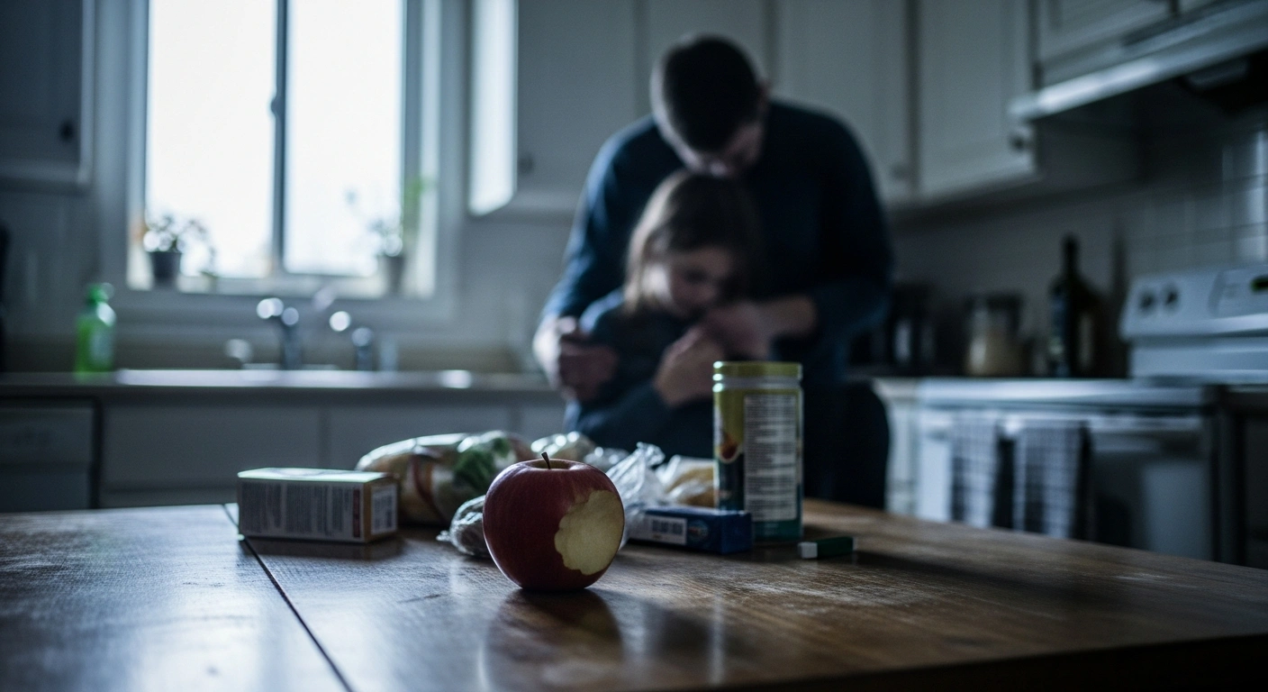 A low-angle shot in a modest Canadian kitchen depicts a worn wooden table with a half-eaten apple and sparse grocery items, while a parent's hand gently clasps a child's in the soft-focus background, illustrating the significant impact of surging food prices and inflation on Canadian household budgets.