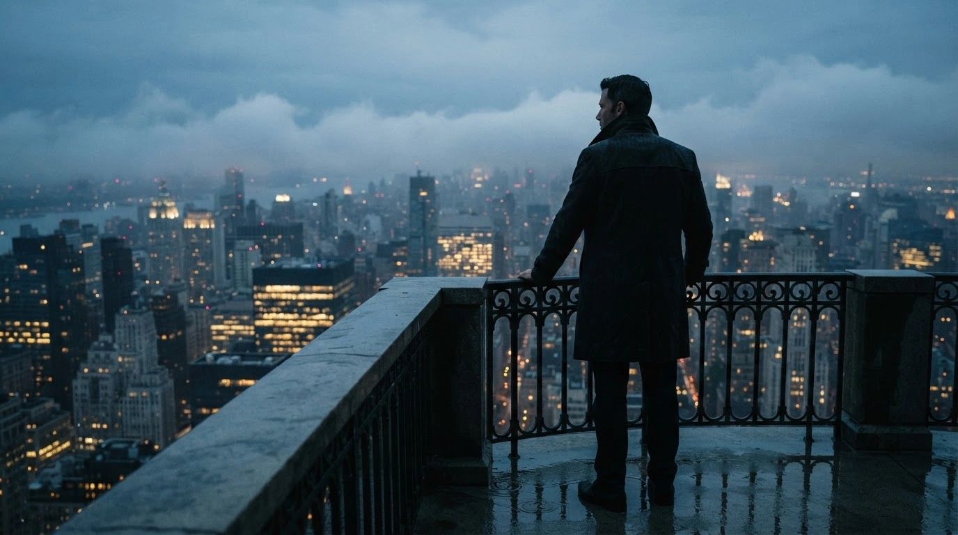 A solitary figure overlooks a dark, foggy city skyline, representing the complex geopolitical and security considerations of establishing a new Canadian foreign espionage agency.