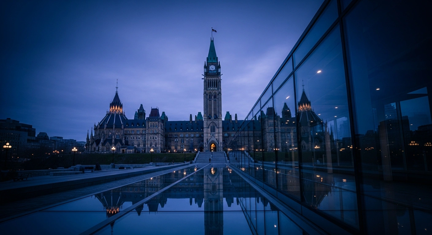 The Parliament buildings in Ottawa are captured at twilight to represent the launch of the Canadian Foreign Influence Transparency Registry.