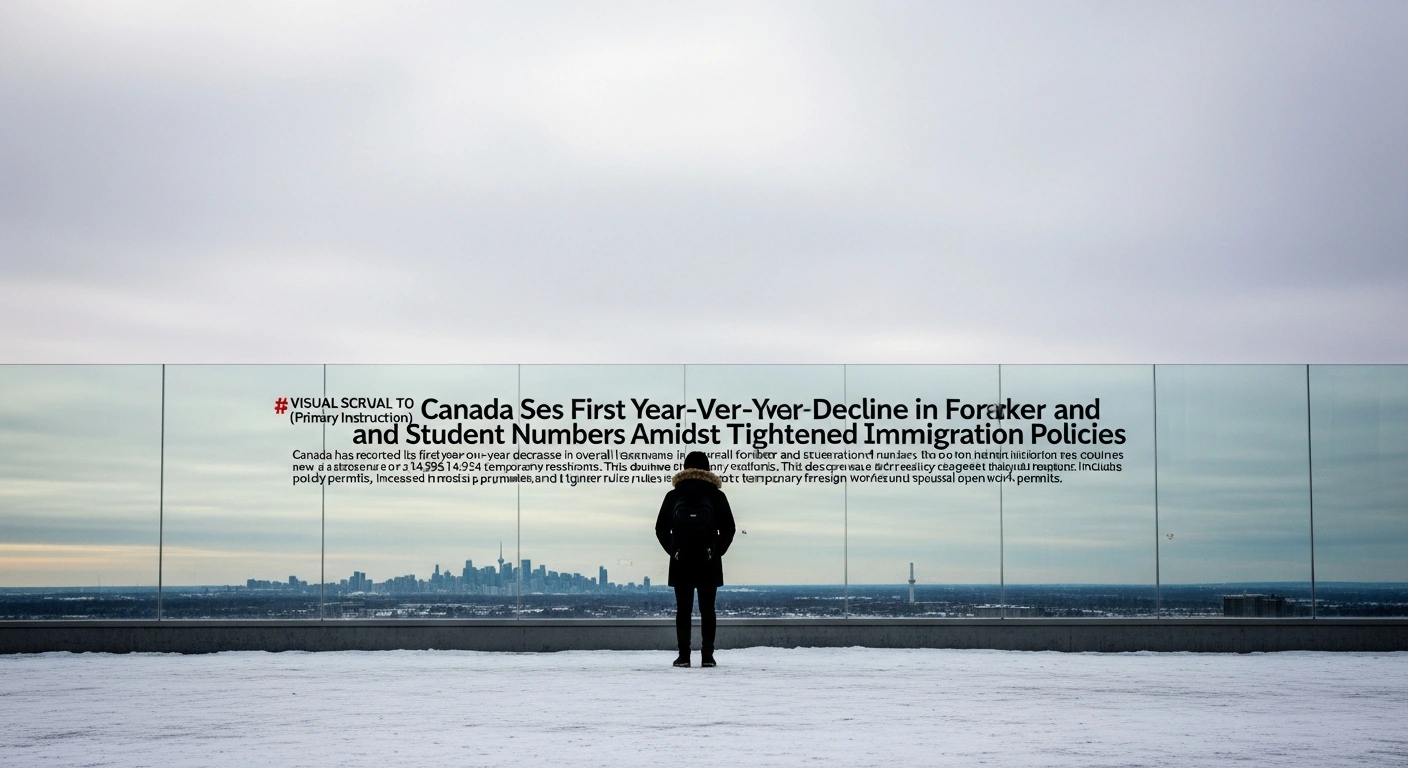 A lone figure, representing a foreign worker or international student, stands in a vast, snow-dusted Canadian landscape, looking towards a distant, blurred cityscape, symbolizing the recent decrease in temporary residents due to Canada's stricter immigration regulations and policy changes.