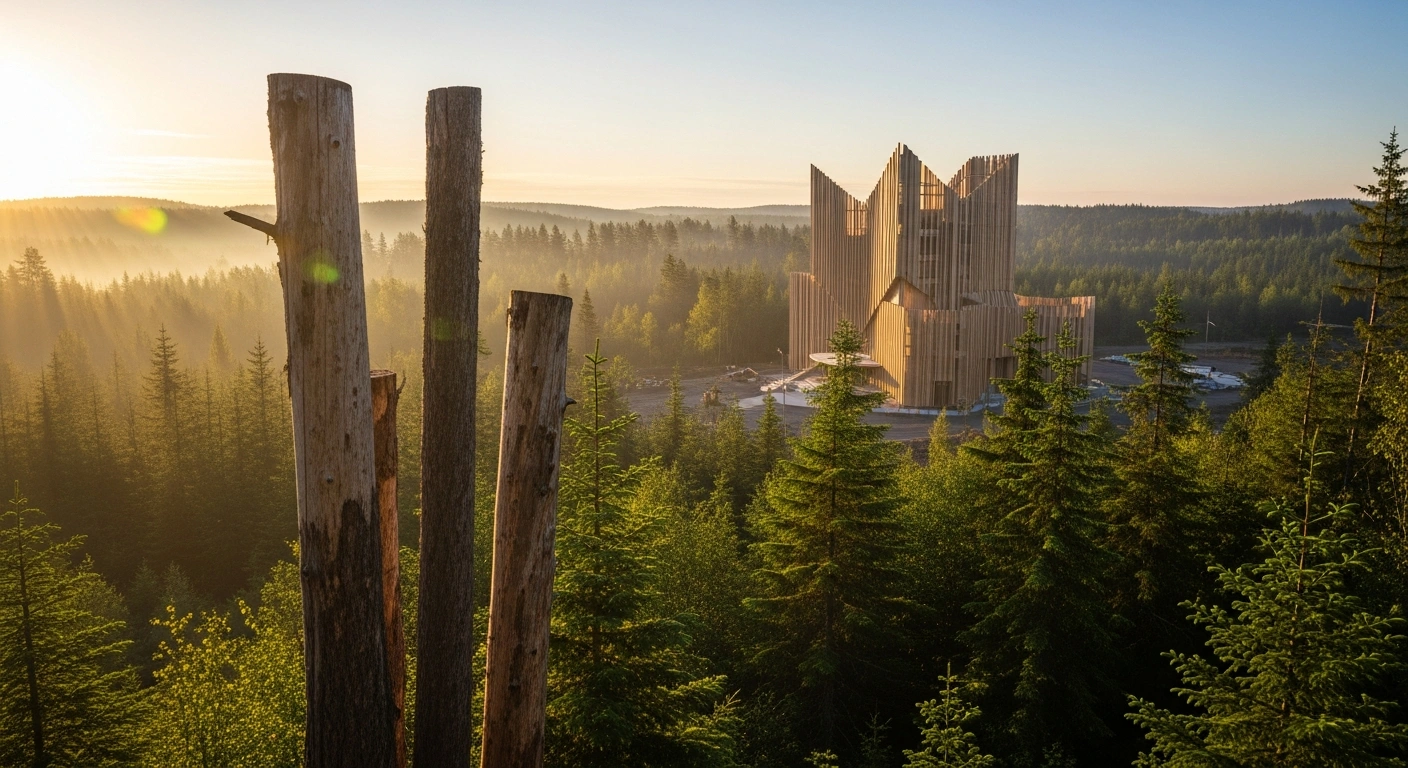 A vibrant Canadian forest bathed in the warm glow of a rising sun, featuring robust timber and a sleek, architecturally innovative structure crafted from engineered wood, symbolizing the Government of Canada's $500 million commitment to retool and support its forest sector, fostering innovation, diversifying markets, and promoting a sustainable bioeconomy.