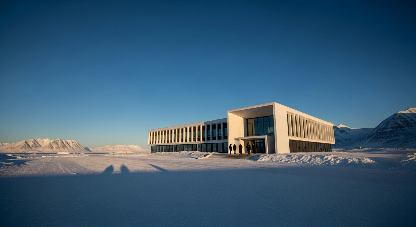 A modern diplomatic consulate building, bathed in the golden light of an Arctic sunset, stands prominently against a dramatic sky in Nuuk, Greenland, symbolizing the official opening of Canadian and French diplomatic missions and their commitment to Arctic cooperation.