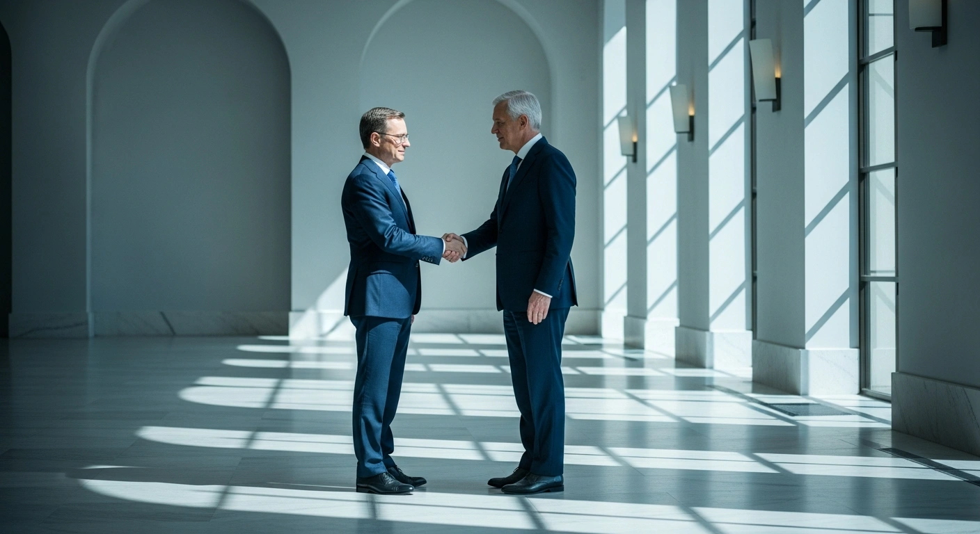Canadian Prime Minister Mark Carney and French President Emmanuel Macron shake hands to formalize a new international security and defense agreement.