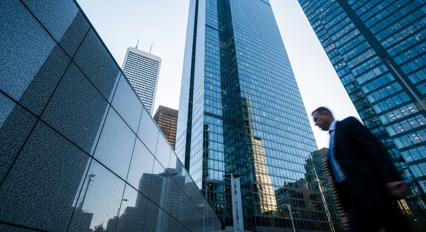 A modern glass skyscraper in a Canadian financial district represents the modest growth of Canada's real GDP in May.