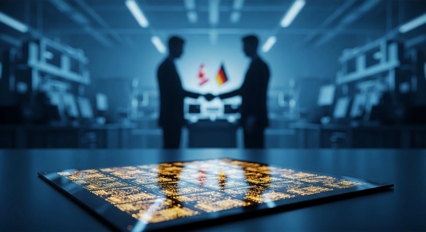 Two engineers collaborate in a high-tech laboratory to represent the new semiconductor partnership between Canada and Germany.