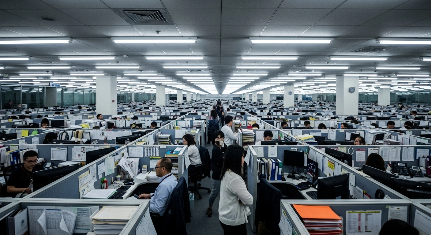 A wide, low-angle shot of a vast, sterile government office floor shows tightly packed cubicles overflowing with items and public servants navigating cramped aisles, illustrating concerns about workstation shortages and inadequate office space due to the Canadian federal government's return-to-office mandate.