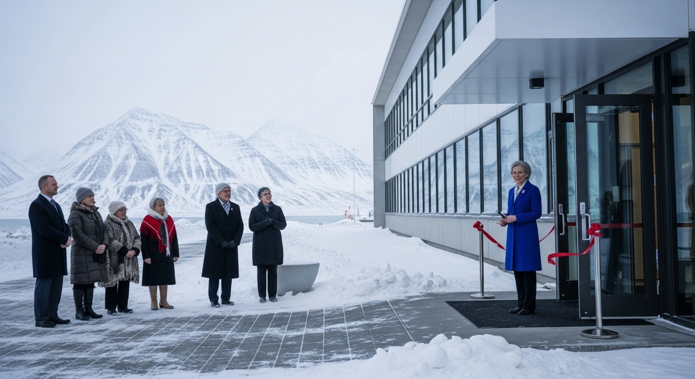 Canada's Governor General Mary Simon opens the first Canadian consulate in Nuuk, Greenland, during her historic visit, standing before a modern building with dignitaries and Inuit elders present, symbolizing enhanced Arctic engagement and cultural bonds.