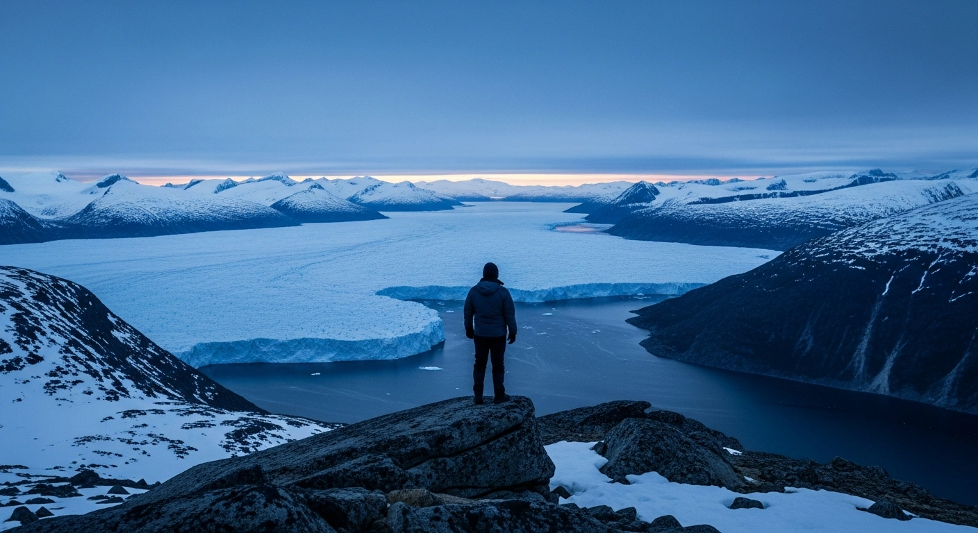 A solitary, resolute figure stands on a rugged, snow-dusted outcrop overlooking a vast, icy Greenlandic landscape at twilight, symbolizing Canada's unwavering support for Denmark's sovereignty over Greenland amidst renewed discussions from the United States regarding potential annexation.