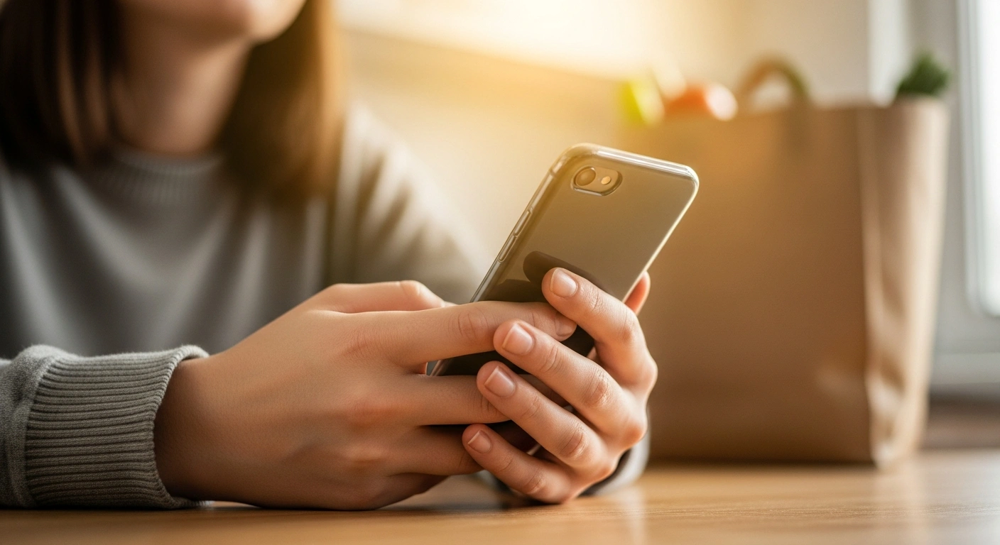 A close-up image depicts a person's hands holding a smartphone, illuminated by warm, soft light, with a subtle expression of relief, symbolizing the Canada Revenue Agency's grocery rebate providing financial aid to low and modest-income Canadians for rising food costs.