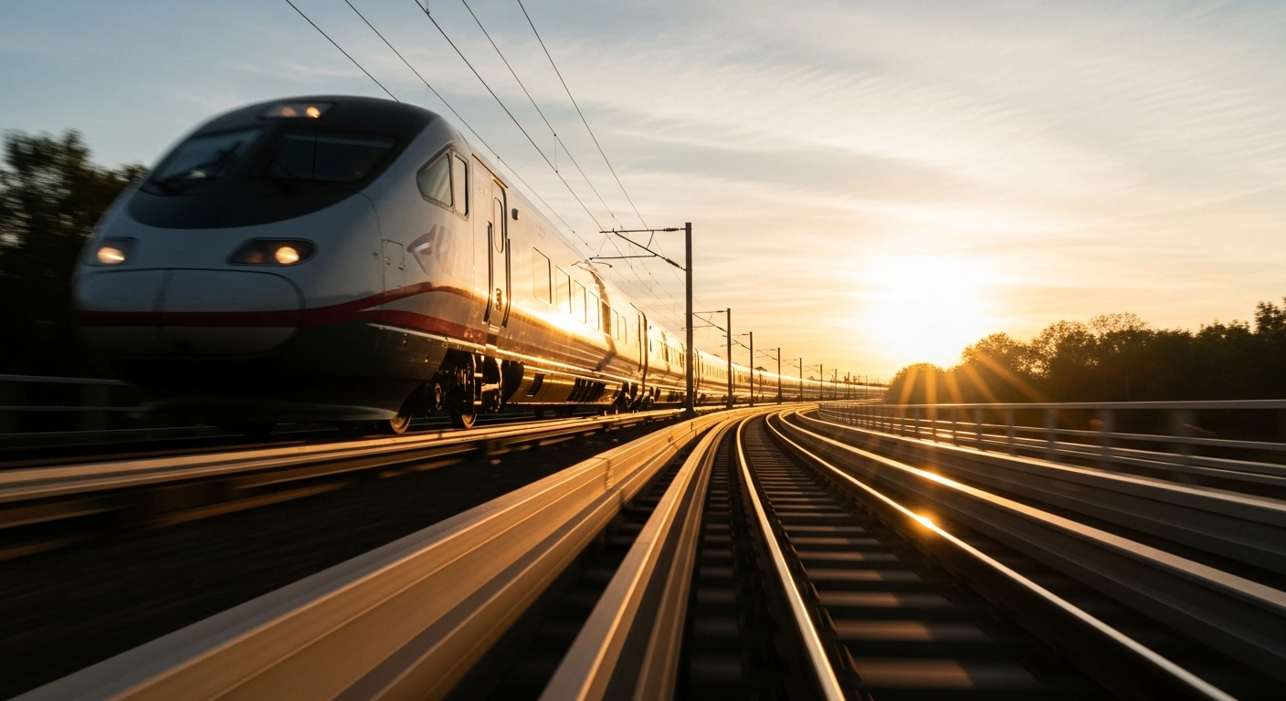 A futuristic high-speed train, representing Canada's Alto High-Speed Rail project connecting Montreal and Ottawa with construction beginning in 2029, speeds across an elevated track through a scenic Canadian landscape at sunset, symbolizing its 300 km/h capability.
