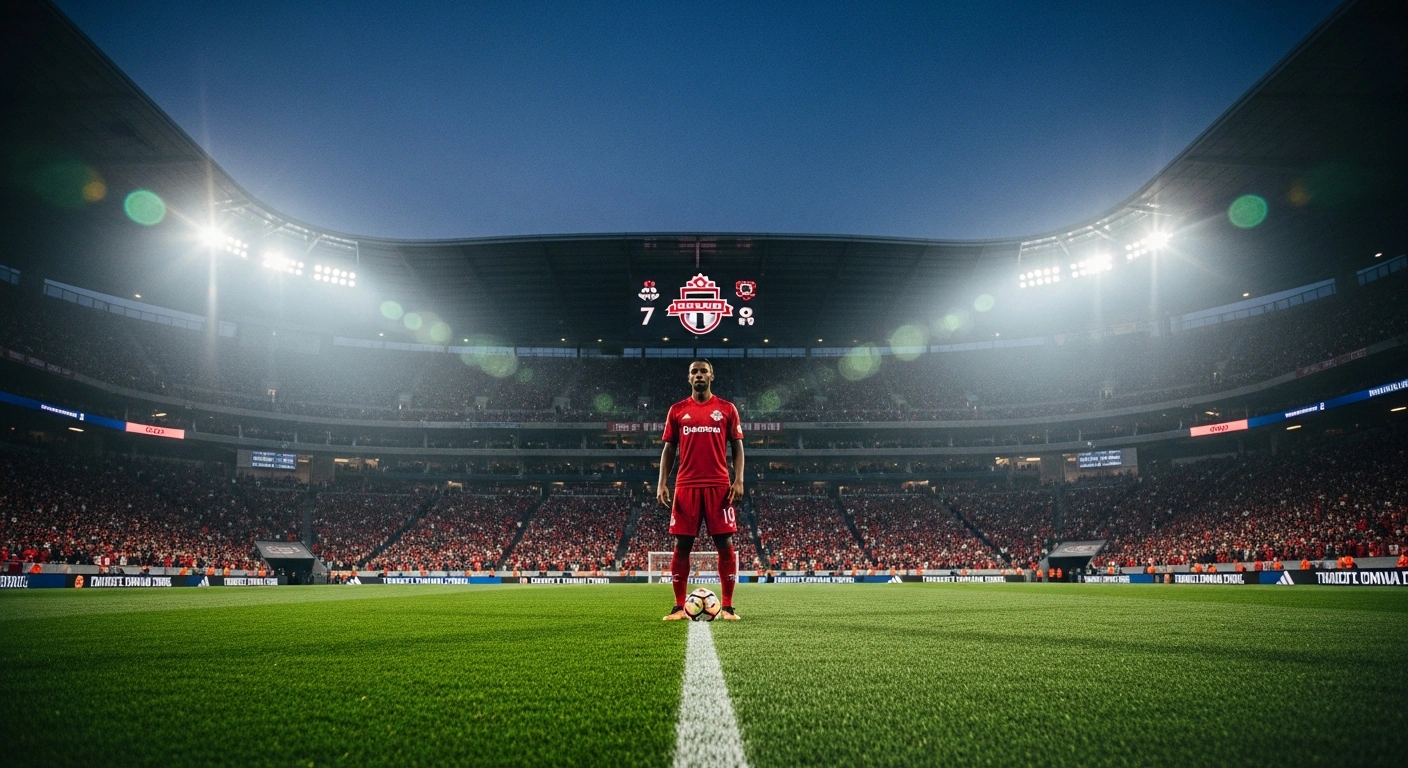 A Canadian men's national soccer team player stands on the pitch in a Toronto stadium during the historic opening match of the FIFA World Cup.