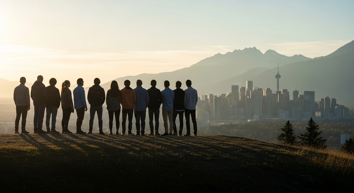 A diverse group of people stands on a hill overlooking a modern Canadian city at golden hour, symbolizing Canada's 2026-2028 Immigration Levels Plan to welcome 380,000 permanent residents annually, with a focus on economic immigration.