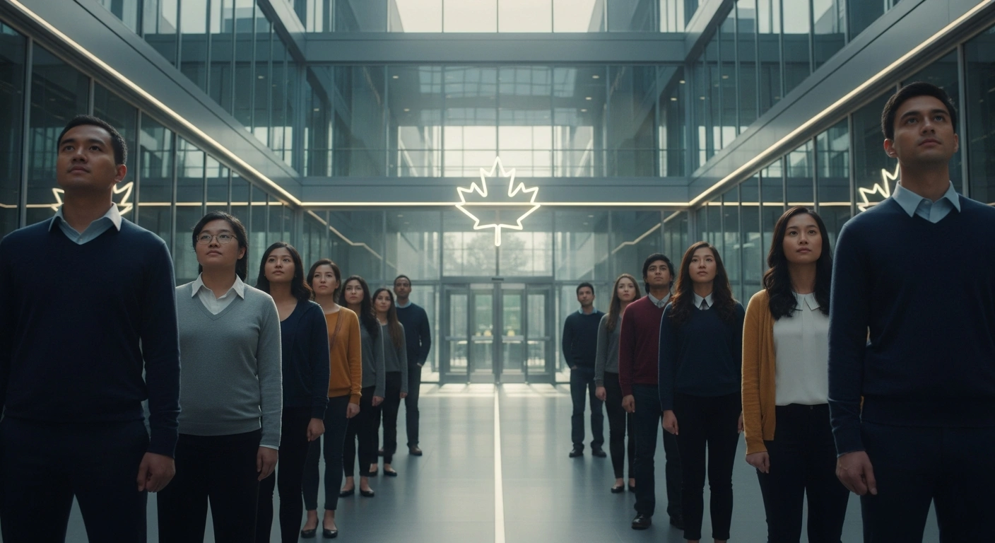 A diverse group of individuals, including young scholars, stands in a modern, glass atrium looking towards a stylized maple leaf emblem, symbolizing Canada's streamlined immigration system changes for graduate students and economic alignment.