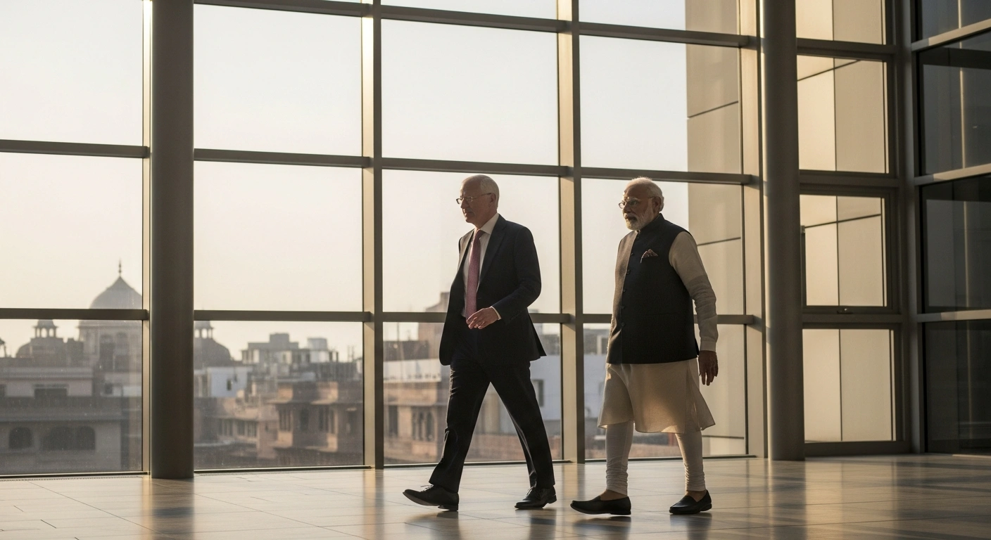 Canadian Prime Minister Mark Carney and Indian Prime Minister Narendra Modi walk side-by-side through a modern, sunlit atrium, symbolizing their enhanced diplomatic relations and upcoming trade negotiations.